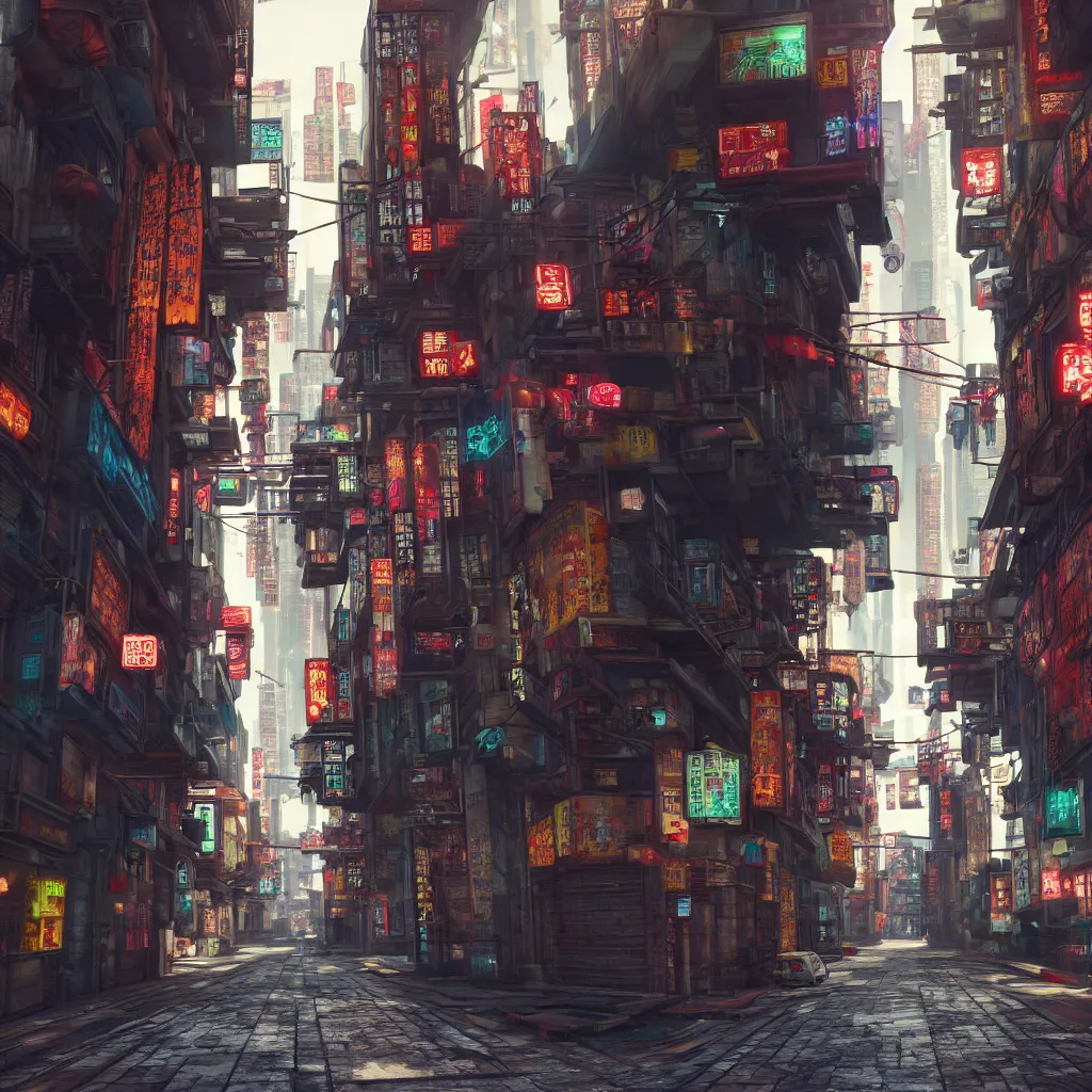 Image similar to Cyberpunk narrow street in chinatown. High details. Ultra realistic. Artstation trending. Unreal engine.