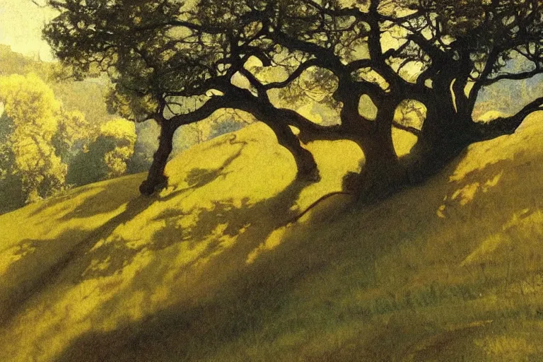 Image similar to masterpiece painting of oak trees on a hillside overlooking a creek, dramatic lighting, by jessie willcox smith