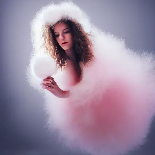 Prompt: photorealistic portrait of cute female model, fluffy soft pink and white cotton balls floating around in air, natural lighting, blurry background, 8 5 mm lens, by annie leibovitz