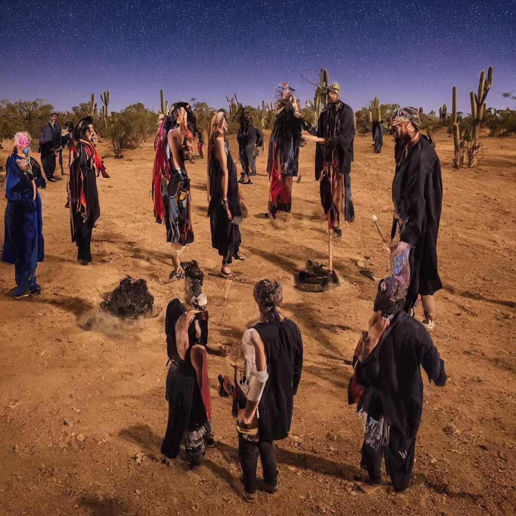 Image similar to photograph of three ravers, two men, one woman, woman is in a trenchcoat, blessing the soil at night, seen from behind, talking around a fire, two aboriginal elders, dancefloor kismet, diverse costumes, clean composition, desert transition area, bonfire, starry night, australian desert, xf iq 4, symmetry, sony a 7 r