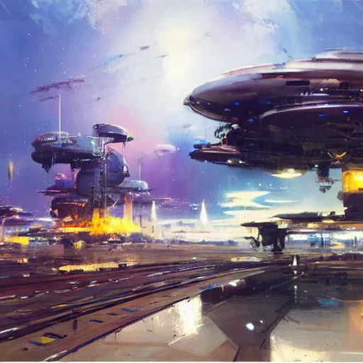 Prompt: spaceport, by jeremy mann, john berkey.