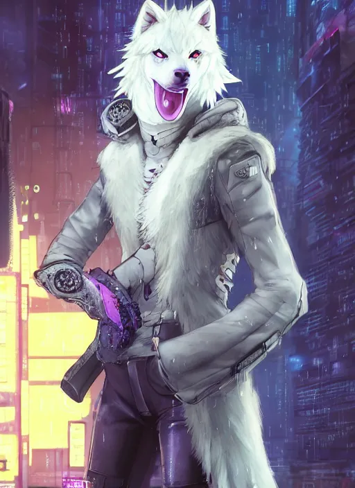 Image similar to character portrait of a male anthro albino wolf fursona with a tail and a cute beautiful attractive detailed furry face wearing stylish cyberpunk clothes in a cyberpunk city at night while it rains. hidari, color page, tankoban, 4K, tone mapping, Akihiko Yoshida. Nomax, Kenket, Rukis. comic book style, photorealistic, professional lighting, hyperdetailed, high resolution, high quality, dramatic, deviantart, artstation, 4k, real photo