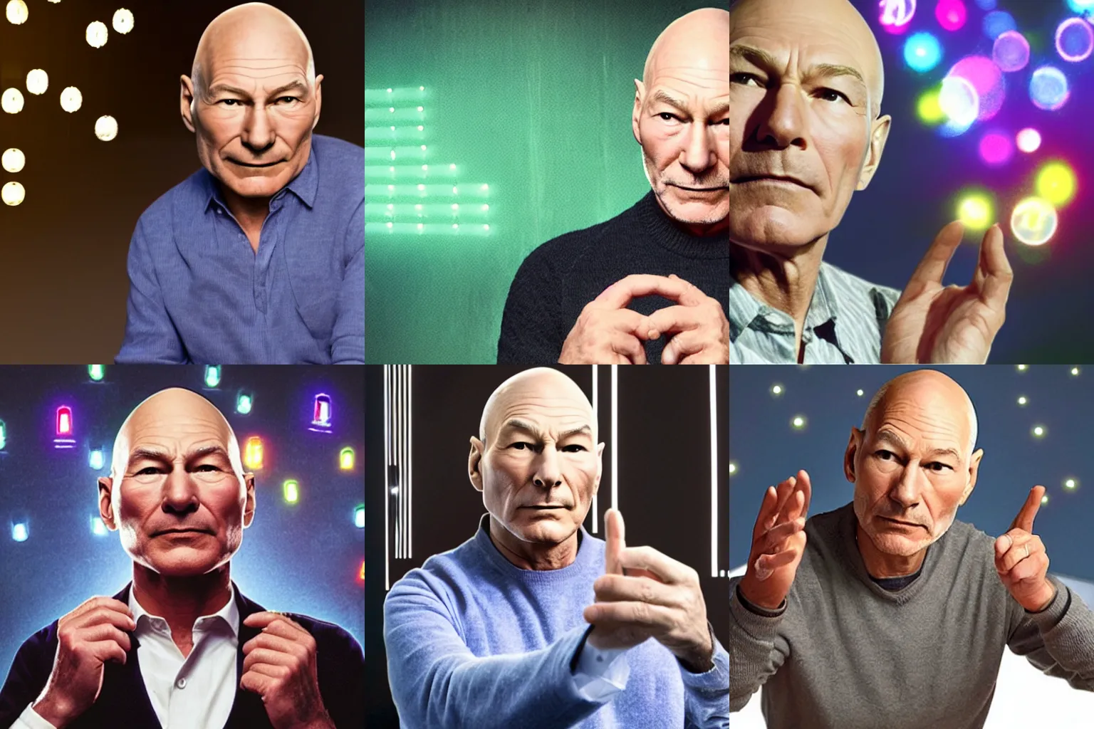 Prompt: a photo of Patrick Stewart counting lights, realistic