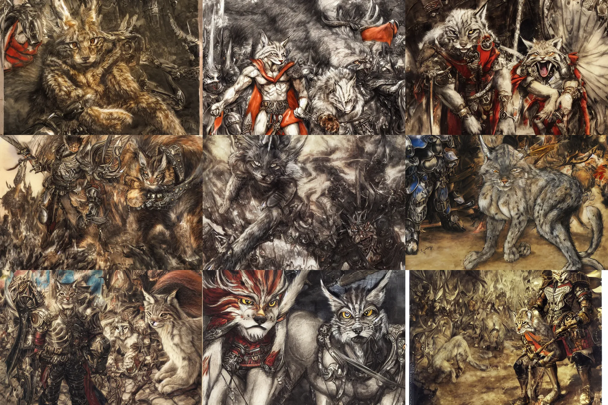 Image similar to 8k Yoshitaka Amano painting of upper body of a young cool looking lynx beast-man with white mane at a medieval market at windy day. Depth of field. He is wearing complex fantasy armors. He has huge paws. Renaissance style lighting.