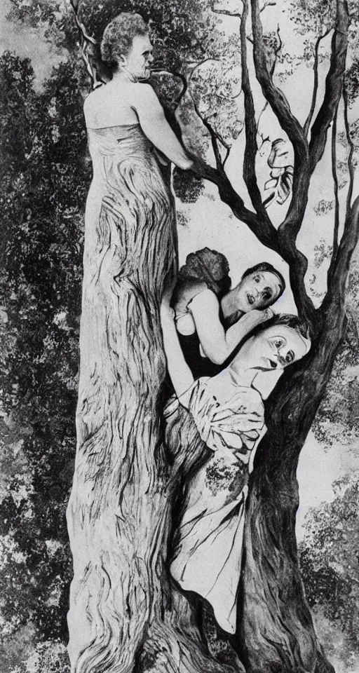 Image similar to Marie Curie hugging a tree by Salvador Dalí