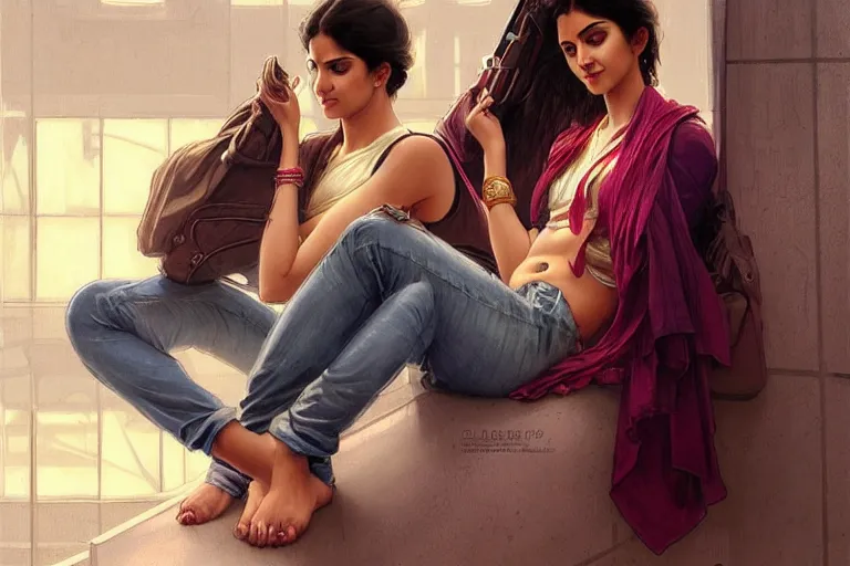 Image similar to Sensual good looking pale young Indian doctors wearing jeans in an airport, portrait, elegant, intricate, digital painting, artstation, concept art, smooth, sharp focus, illustration, art by artgerm and greg rutkowski and alphonse mucha