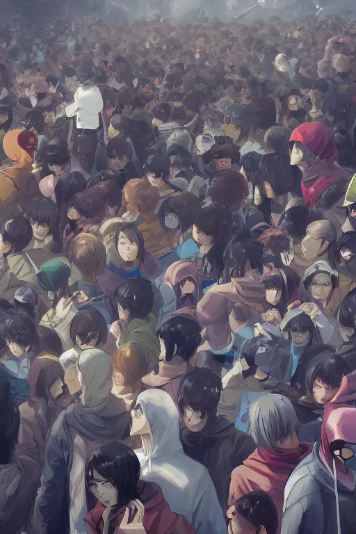 Image similar to anime guy in hoodie hiding behind a crowd of people in tokyo, wlop, concept art, digital painting, trending on artstation, highly detailed, epic composition, 8 k uhd