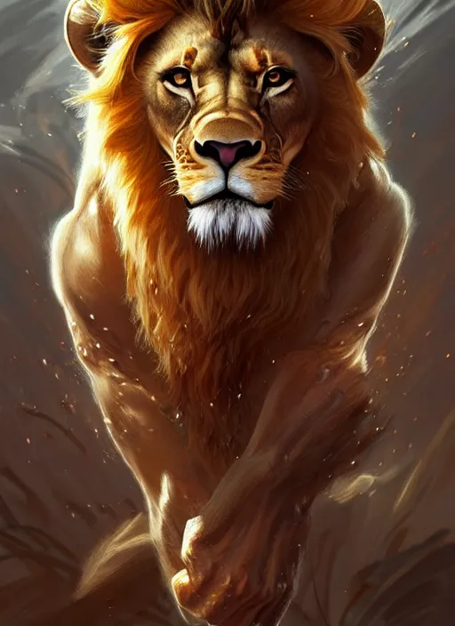 Image similar to portrait of aggressive lion humanoid, d & d, muscular!, fantasy, intricate, elegant, highly detailed, digital painting, artstation, concept art, smooth, sharp focus, illustration, art by artgerm and greg rutkowski and alphonse mucha