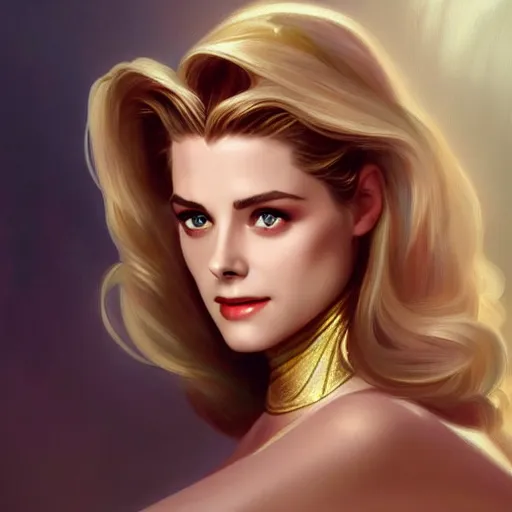 Image similar to A combination of Grace Kelly's and Kristen Stewart's and Ashley Greene's faces as She-Ra, western, D&D, fantasy, intricate, elegant, highly detailed, digital painting, artstation, concept art, matte, sharp focus, illustration, art by Artgerm and Greg Rutkowski and Alphonse Mucha