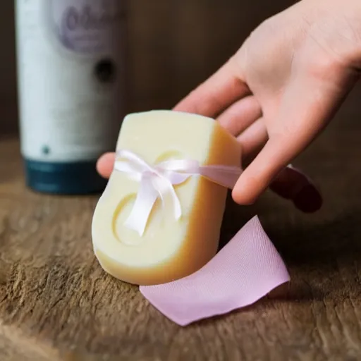 Image similar to a hand holding up a hand made scented bar of soap with a ribbon around it, soap shop in the background, studio advertising photography