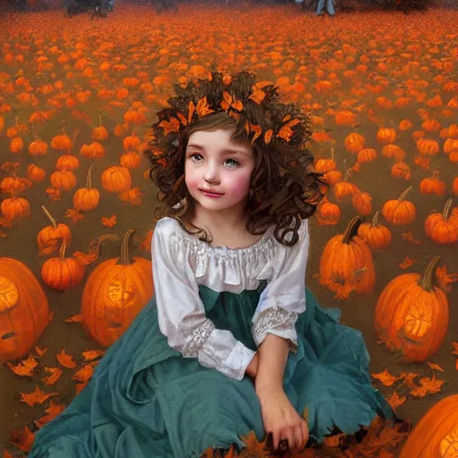 Prompt: a cute little girl with light brown wavy curly hair and blue eyes sitting amidst piles of pumpkins. beautiful cute highly detailed face. she is wearing a crown of autumn leaves. autumn and fall and halloween themed painting by artgerm and greg rutkowski and alphonse mucha.