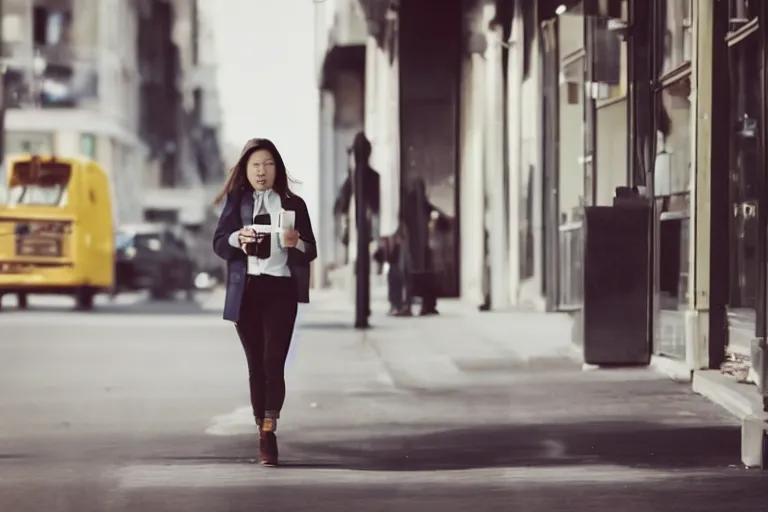 Image similar to Flim still of a woman drinking coffee, walking to work, long shot, wide shot, full shot