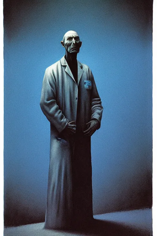 Prompt: portrait of lab coat without a person wearing it, by zdzislaw beksinski, by dariusz zawadzki, artbook, tone mapped, deep blues, shiny, soft lighting