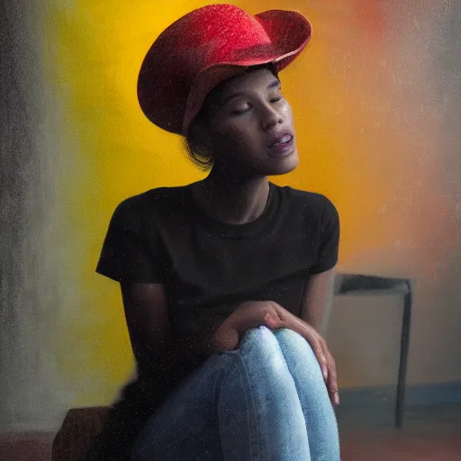 Prompt: a girl wearing a red fedora hat singing in a studio, sitting on a stool, extremely detailed digital painting, in the style of alyssa monks, andrey lekarski and istvan sandorfi, predominant colors are black and yellow, rim light, beautiful lighting, 8 k, raytracing, octane, trending on artstation