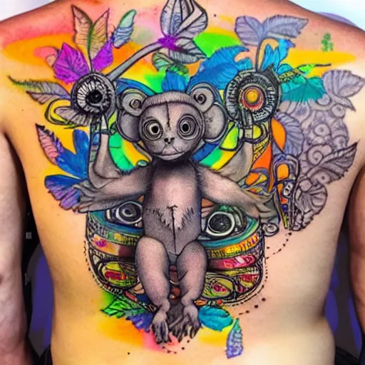 Image similar to shoulder back tattoo of a multicolored hallucinogenic cute bush baby dj with 2 recordplayers, eyes are colorful spirals, surrounded with colorful magic mushrooms and rainbowcolored marihuana leaves, insanely integrate