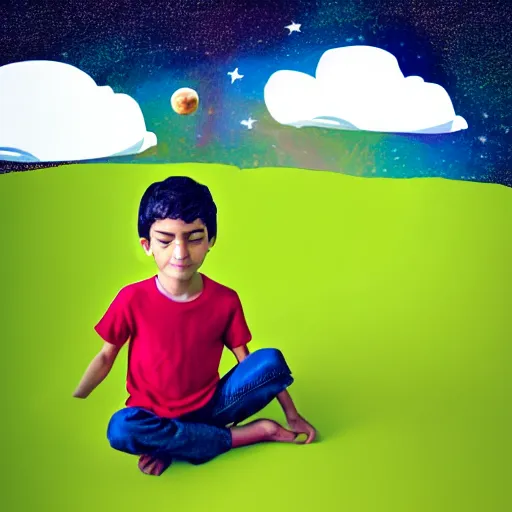 Image similar to a boy sitting on his own and playing with the universe