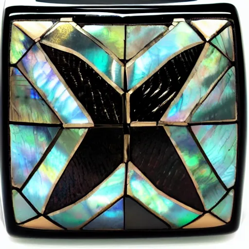 Image similar to black cube with intricate iridescent mother - of - pearl inlay