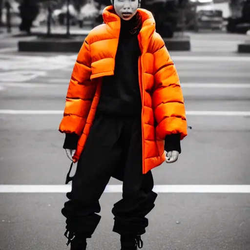 Image similar to black and white extremely beautiful photograph of a woman wearing an oversized orange puffer jacket in the style of dingyun zhang, yeezy, kanye west, balenciaga, vetements