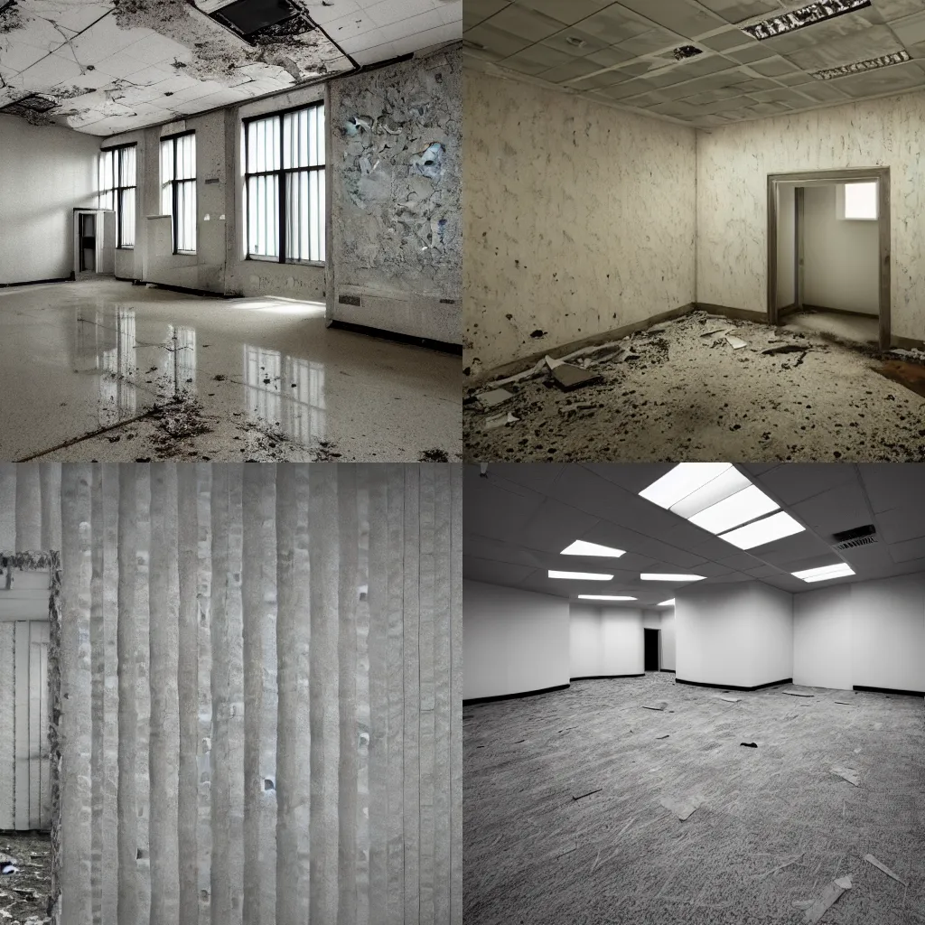 Prompt: Abandoned office space, empty, windowless, moldy wallpaper, liminal spaces, protgraphy, 4k