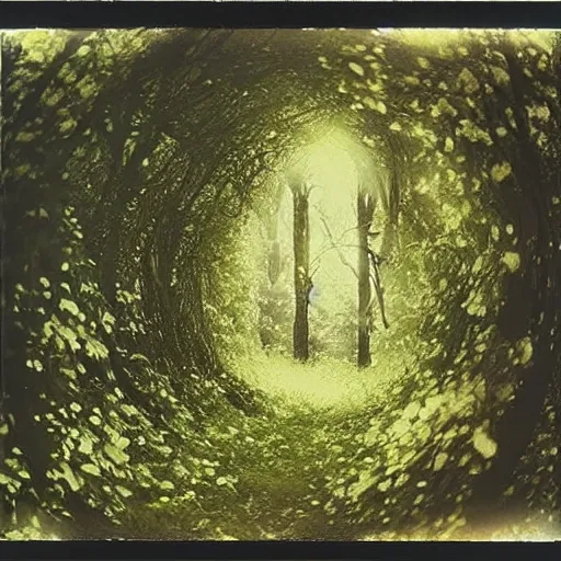 Prompt: dark forest with a portal that show to a dimension that is a flower garden, polaroid photo, perfect photo, photo pinterest