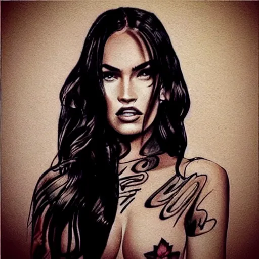 Image similar to tattoo design sketch megan fox mash up effect with beautiful mountain scenery, in the style of matteo pasqualin, amazing detail