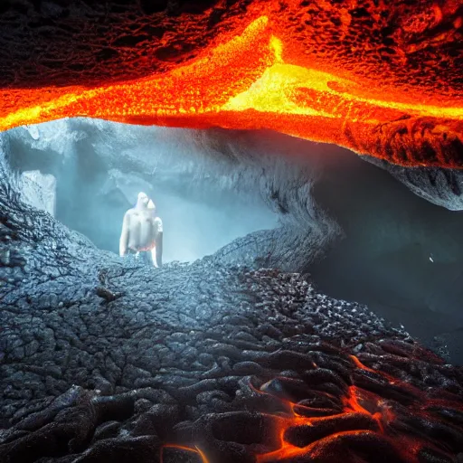 Image similar to head of necoark emerges from a lava lake, cave background, high detail, lava reflections, cave reflecting in the lava lake, dramatic shot