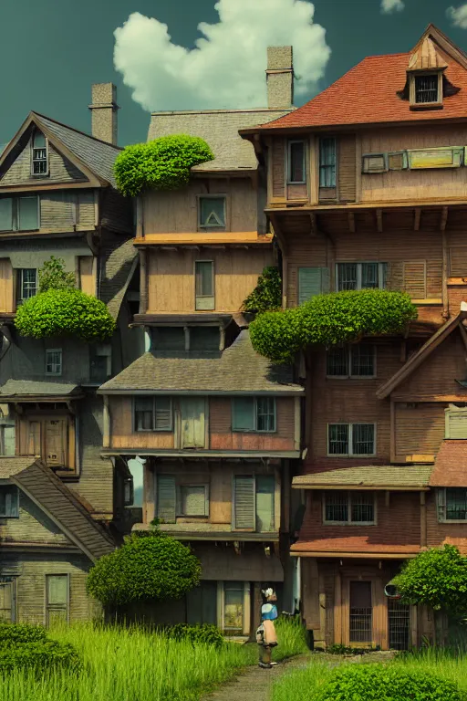 Prompt: stacked houses, solarpunk, studio ghibli, jean - baptiste monge, octane render, 4 k