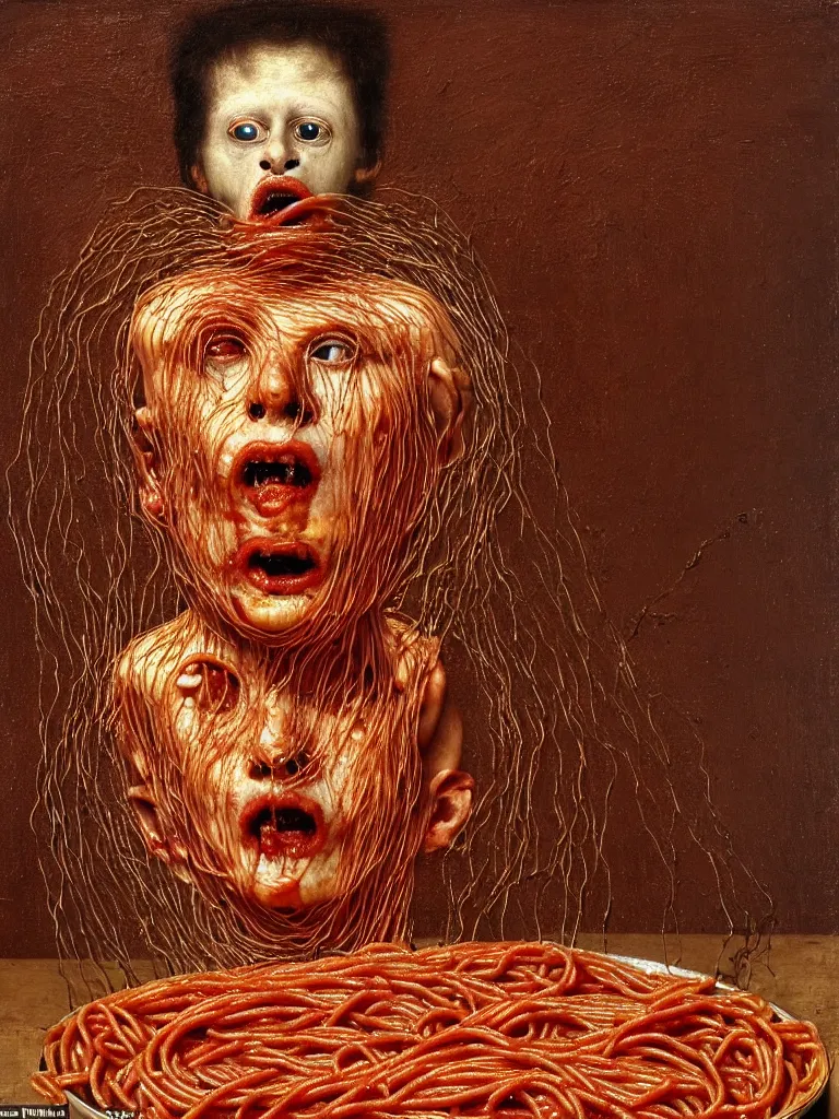 Prompt: a boy made of spaghetti sitting in a tub full of tomato sauce, looking straight into camera, screaming in desperation, by giuseppe arcimboldo and ambrosius benson, renaissance, intricate and intense oil paint, a touch of joseph cornell, beksinski and hr giger and edward munch, realistic