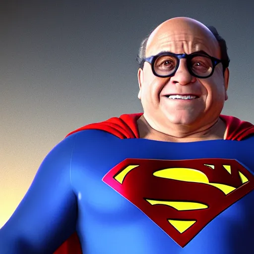 Image similar to Danny DeVito as Superman, 8k, highly detailed, Unreal Engine render