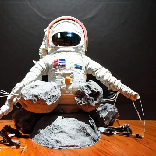 Image similar to a space admiral tethered to an asteroid, with spaceship, space backdrop, everything made of papier - mache canon 5 d 5 0 mm lens, diorama, newspaper,