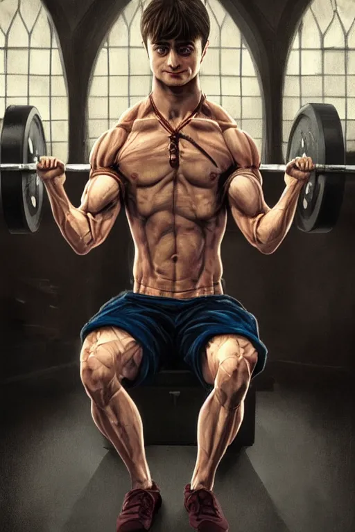 Image similar to highly detailed rendering of Daniel Radcliffe as Harry Potter doing barbell back squats, dingy workout gym, wearing a muscle tee shirt, muscular deep squats, symmetrical, highly detailed, digital painting, artstation, concept art, smooth, sharp focus, illustration, cinematic lighting, art by artgerm and greg rutkowski and alphonse mucha