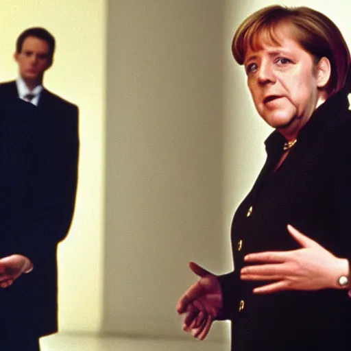 Image similar to angela merkel is neo, movie Matrix, 1999, cinema, 4k