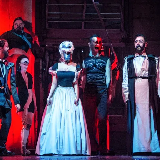 Image similar to an opera performance but the cast is wearing cyberpunk inspired clothes