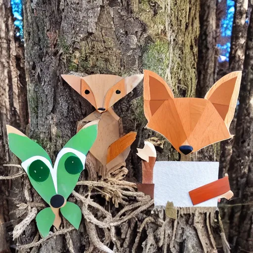 Prompt: woodland fox, resistance, antropomorphic, guerilla soldier, green flag, art station, set in evergreen woods, camp fire in center