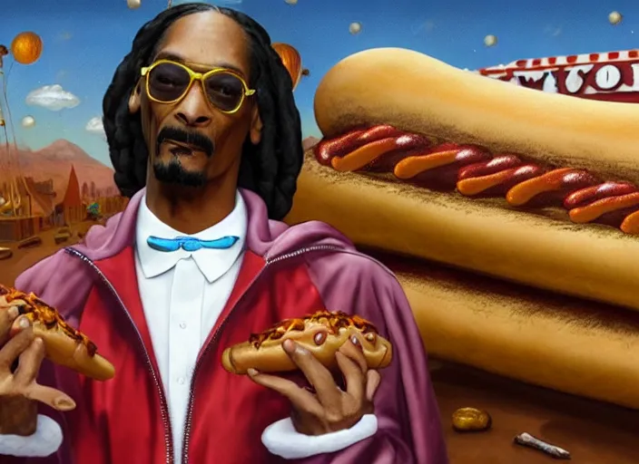 Image similar to snoop dogg inside a hot dog, lowbrow, matte painting, 3 - d highly detailed, in the style of mark ryden,