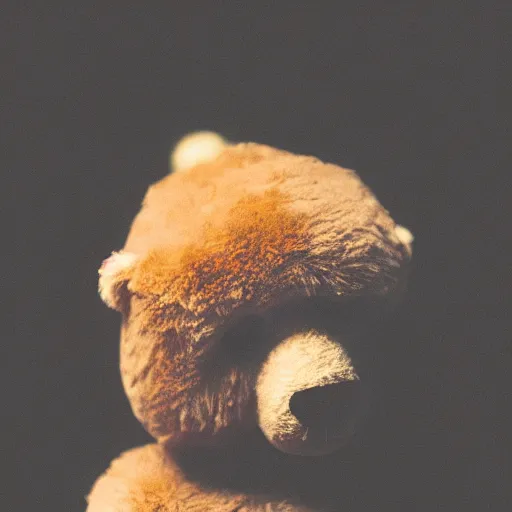 Image similar to a ( ( chiaroscuro lighting portrait ) ) of kanye west dressed as teddy bear mascot, black background, portrait by julia margaret cameron, shallow depth of field, 8 0 mm, f 1. 8