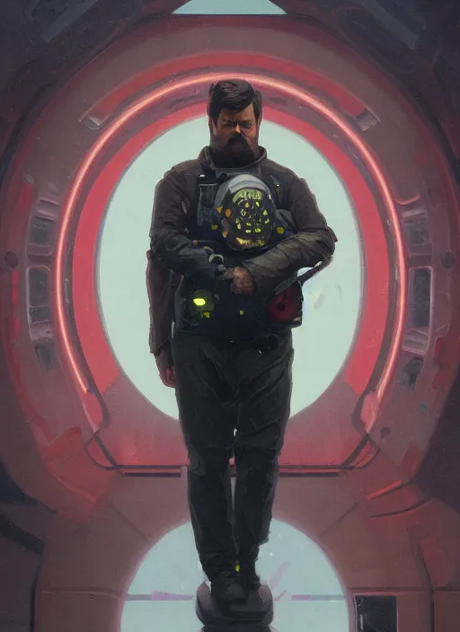 Image similar to a full body portrait oil painting illustration of nick offerman by justin sweet and greg rutkowski and alphonse mucha with face and body clearly visible, techwear, futuristic, cyberpunk, artstation trending, high quality, sombre mood, artstation trending, abstract colours, no crop, entire character!,