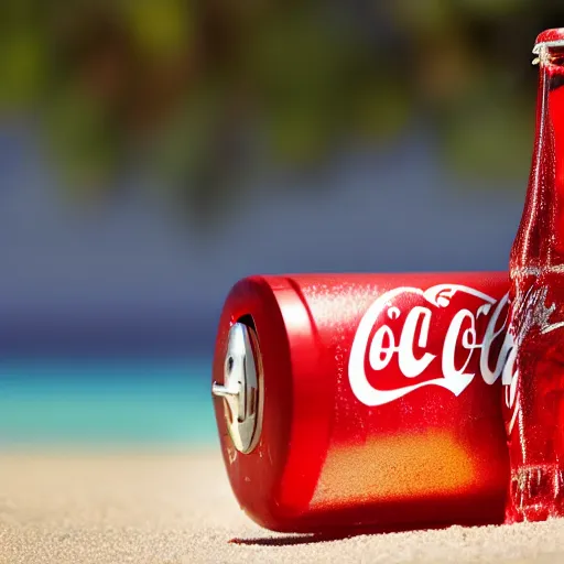 Prompt: coca cola bottle wearing a bikini on the beach digital art, close shot, detailed, colorful, bokeh, art,