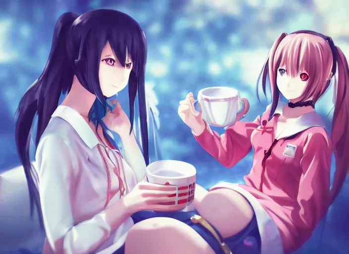 Image similar to An anime-style digital painting of anime girl Hatsune Miku and anime girl Makise Kurisu drinking a cup of tea, cgi render, trending on ArtStation, pixiv, detailed