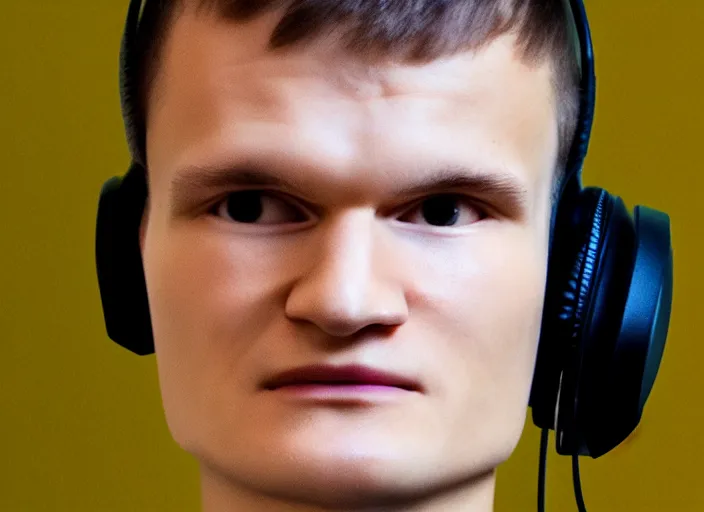 Prompt: headshot of vitalik buterin in headphones. perfect symmetric face, coherent eyes, happy beautiful face fine details., 4 k, ron cobb