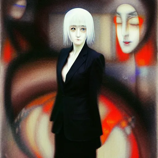 Image similar to yoshitaka amano blurred and dreamy realistic three quarter angle portrait of a woman with white hair and black eyes wearing dress suit with tie, junji ito abstract patterns in the background, satoshi kon anime, noisy film grain effect, highly detailed, renaissance oil painting, weird portrait angle, blurred lost edges