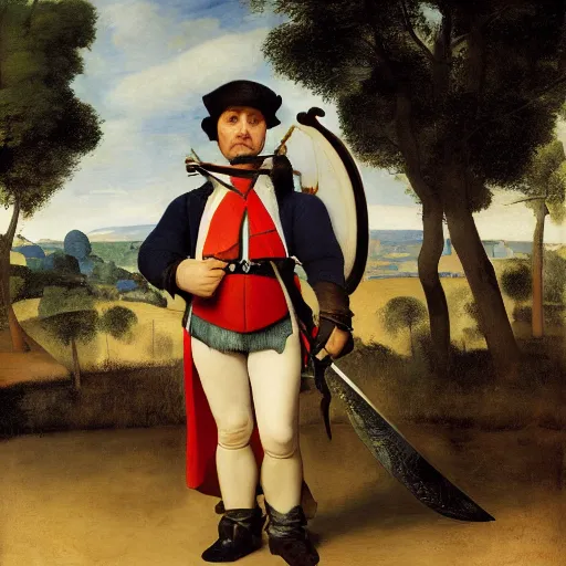 Prompt: tiny napoleon holding a giant and too heavy sword, by camille corot, by fernando botero, by pieter bruegel the elder, painting, fine art, high contrast, divine, strong, rembrandt lighting, ray tracing global illumination, ray tracing reflections, insanely detailed and intricate, hypermaximalist, elegant, ornate, hyper realistic, super detailed