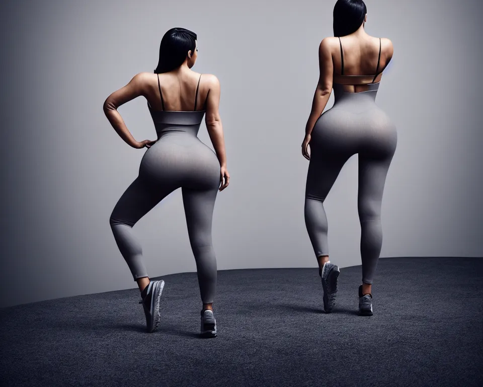 Prompt: kim kardashian, centered full body rear-shot, pov from rear, in skintight grey sportswear, real photo, photoshooting, studio light, Irish mountains background, intricate, epic lighting, cinematic composition, hyper realistic, 8k resolution, unreal engine 5