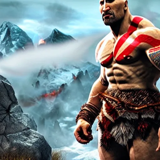 Prompt: dwayne the rock johnson in the God of War game
