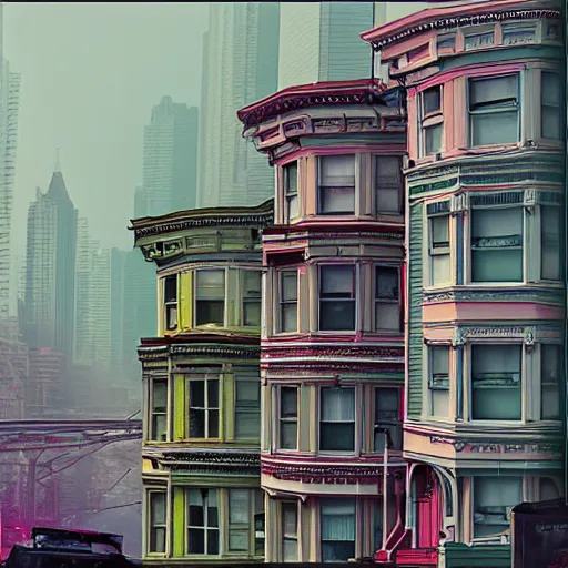 Prompt: a photograph of the painted ladies in san francisco foggy zombies artstation cyberpunk dreamscape high definition