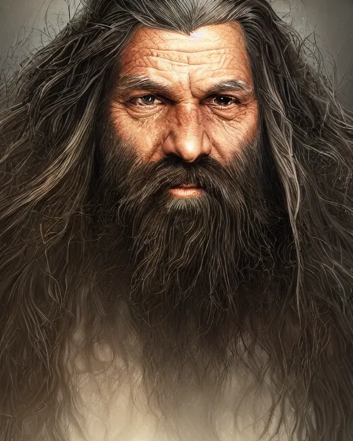 Image similar to portrait of a 6 0 - year - old giant man with long tangles of bushy black hair and beard hiding most of his face, wearing in black cloak, hyper realistic face, beautiful eyes, character art, art by mark brooks, hyperdetailed, cryengine, trending on artstation, digital art