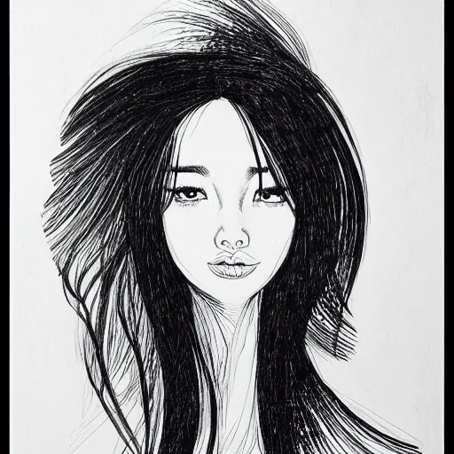 Prompt: Portrait of a beautiful oriental girl with flowing hair, monochrome, ink on white paper