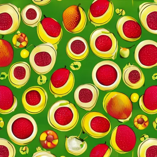 Image similar to repeating wallpaper pattern of fruit. Cinematic, volumetric lighting. Scene from 1971 film Willy Wonka & the Chocolate Factory