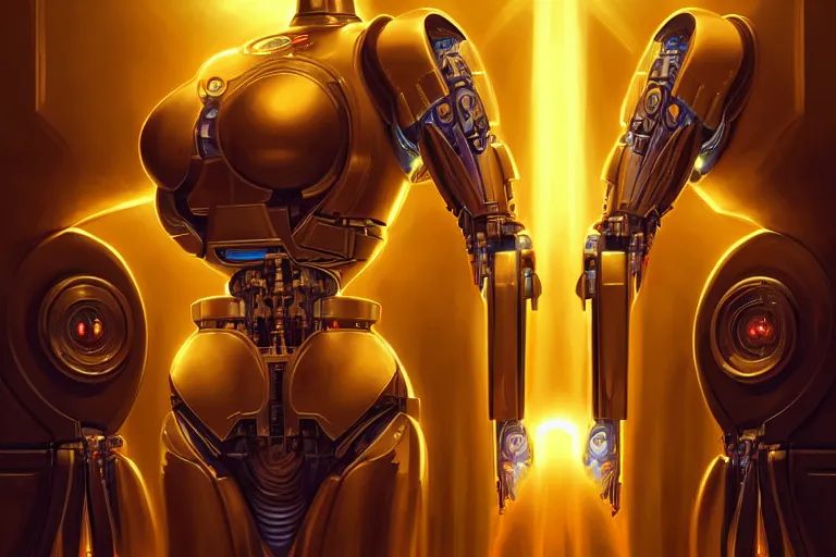 Prompt: enegry core, symmetrical, golden ratio, energy core, cybernetic shrine, robot religion, realistic shaded lighting, magali villeneuve, artgerm, rutkowski