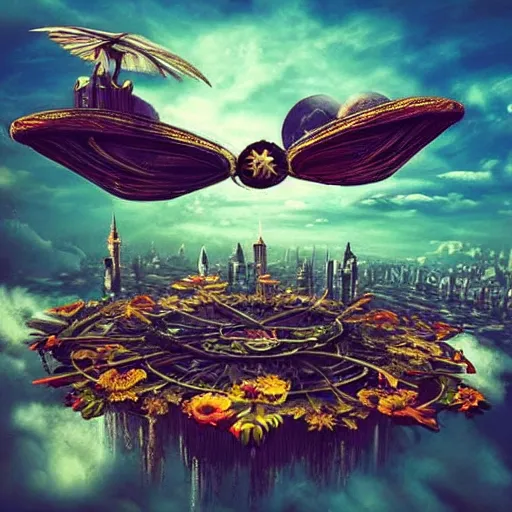 Image similar to flying, flower - shaped city, sky, fantasy art, steampunk